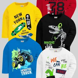 KUCHIPOO Boys Pack of 5 Printed Round Neck Casual T-shirt image 1