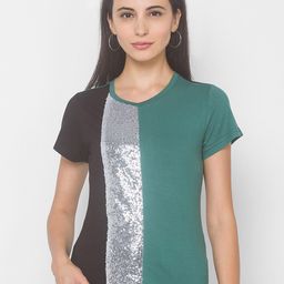 Globus Women Olive Green & Silver-Toned Colourblocked T-shirt-picture-3