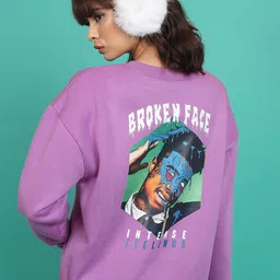 Tokyo Talkies Purple Graphic Printed Oversized Pullover Sweatshirt-image-1