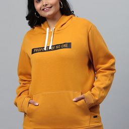 Instafab Plus Women Mustard Yellow Typography Printed Hooded Sweatshirt-picture-37