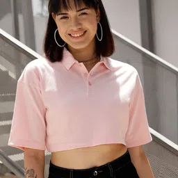 STREET 9 Pink Polo Collar Drop Shoulder Sleeves Crop Pure Cotton Oversized T-shirt-image-39