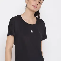 MKH Women Black Extended Sleeves Dri-FIT Applique T-shirt-image-70