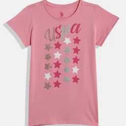 U.S. Polo Assn. Kids Girls Pink Brand Logo Printed Pure Cotton T-shirt image 3