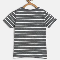 MINI KLUB Boys Grey Striped Drop-Shoulder Sleeves Raw Edge T-shirt image 2