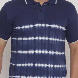 YAK YAK Men Navy Blue Tie and Dye Dyed Polo Collar Indigo Slim Fit Cotton Pure Cotton T-shirt image 2