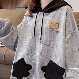 JC Mode Self Design Hooded Longline Pullover Sweatshirt image 3