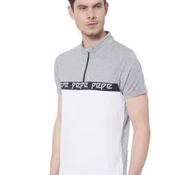 Pepe Jeans Men Grey Melange & White Colourblocked Diego Zip Through Tee Cotton T-shirt image 4