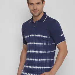 YAK YAK Men Navy Blue Tie and Dye Dyed Polo Collar Indigo Slim Fit Cotton Pure Cotton T-shirt image 5