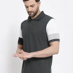 Kalt Men Grey & White Colourblocked Polo Cotton T-shirt image 4