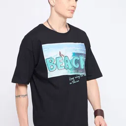 Mast & Harbour Black Graphic Printed Drop-Shoulder Sleeves Cotton Casual Oversized T-shirt image 4
