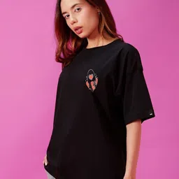 Bewakoof Black Be Curious Graphic Printed Drop-Shoulder Sleeves Oversized Cotton T-shirt image 2