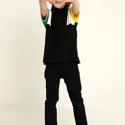 Cherry Crumble Boys Black & White Colourblocked Polo Collar T-shirt image 4