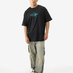 The Souled Store Black Graphic Printed Drop-Shoulder Sleeves Cotton Oversized T-shirt image 5