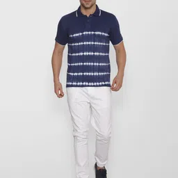 YAK YAK Men Navy Blue Tie and Dye Dyed Polo Collar Indigo Slim Fit Cotton Pure Cotton T-shirt image 3