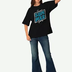 STATUS MANTRA Women Typography Printed Bio Finish Applique T-shirt image 5