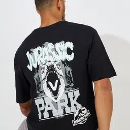 styli StyliMen Black Jurrasic Park Front and Back Graphic Print Compact Jersey Oversized Tee image 5