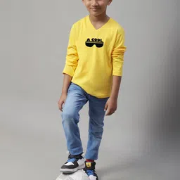 Friskers Boys Yellow Typography V-Neck Applique T-shirt image 4