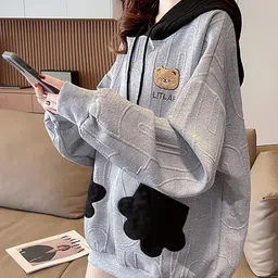 JC Mode Self Design Hooded Longline Pullover Sweatshirt image 5