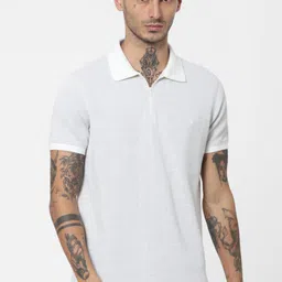 Jack & Jones Men White Textured Polo Collar Casual T-Shirt image 1