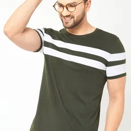 AUSK Men Green Striped Monochrome Cotton T-shirt image 1