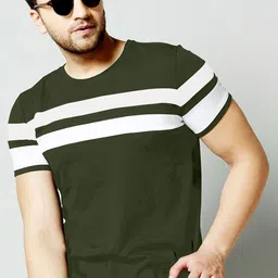 AUSK Men Green Striped Monochrome Cotton T-shirt image 3