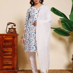 Women Cotton Blend Kurti Pant Dupatta Set-image-1