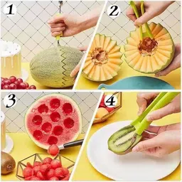 jogi's 4 in 1 Stainless Steel Watermelon Cutter Fruit Carving Tools Set Kitchen Scoop image 5