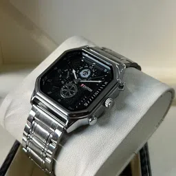 fenton watches Elegant Series Octagonal Shape Quartz For Men's Analog Watch - For Men FW-116(Black)-Silver Strap image 3