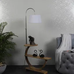 sapphire Contemporary White Iron Shade Shelf Floor Lamp With Wood Base image 3