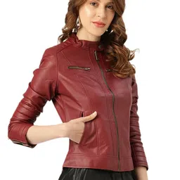 leather retail Faux Leather Women Regular Jacket (Cherry) image 3