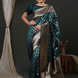 Anouk Teal Ethnic Motifs Woven Design Silk Blend Banarasi Saree-picture-47