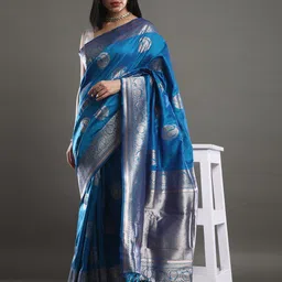 Mitera Blue & Silver Woven Design Zari Silk Blend Banarasi Saree-picture-23