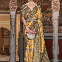 Anouk Yellow & Olive Green Ethnic Motifs Woven Design Zari Banarasi Saree-image-6