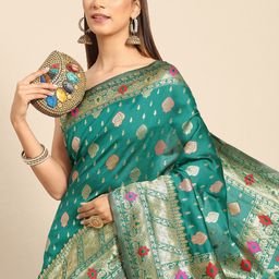 anouk rustic Anouk Teal Green & Gold-Toned Ethnic Motifs Silk Blend Banarasi Saree-picture-27