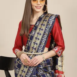 Mitera Navy Blue & Red Woven Design Silk Cotton Banarasi Saree-image-16