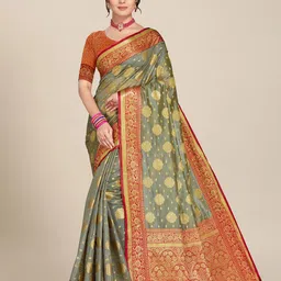 MS RETAIL Grey & Red Ethnic Motifs Zari Organza Banarasi Saree-picture-10