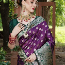 Anouk Purple & Green Ethnic Motifs Woven Design Banarasi Saree image 2