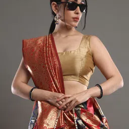 Mitera Red & Gold-Toned Ethnic Motifs Woven Design Zari Banarasi Saree image 4