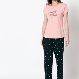 Zeyo Women Peach-Coloured & Black Printed Pure Cotton Night suit-picture-7
