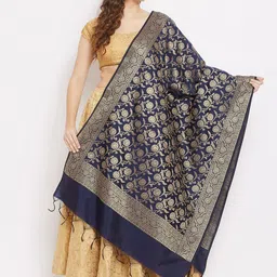 Clora Creation Navy Blue & Gold Ethnic Motifs Woven Design Dupatta with Zari image 5