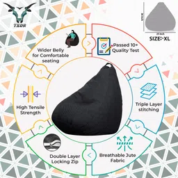 txor XL ORGANIX Collection, Organic Jute Fabric Black Color, Classic Teardrop Bean Bag With Bean Filling image 3