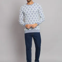 ewools Men Geometric Print Round Neck Blue, White Sweater image 4