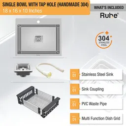 ruhe 304 Stainless Steel Handmade Single Bowl 18x16x10 Kitchen Sink With Tap Hole Brushed Matte Finish | Included Strainer-Basket/Sink Coupling/Waste Pipe Vessel Sink image 5