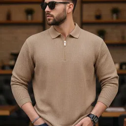 siya fashion Men Solid Zip Neck Cotton Blend Beige T-Shirt-picture-26