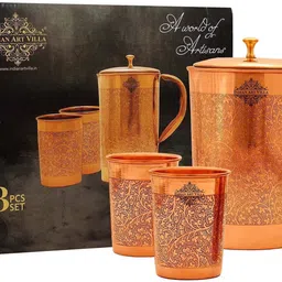 indianartvilla Embossed Design Jug With 2 Glass With Pitambari,Drinkware Jug Glass Set image 1