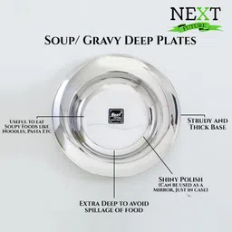 next future 10 Inches Heavy Stainless Steel Deep Soup/ Gravy Plate | Set of 6 Dinner Plates Rice Plates image 3