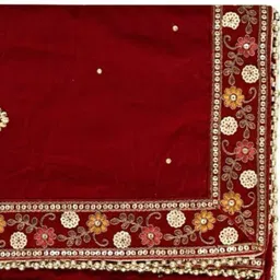 zaie Velvet Printed, Embroidered, Embellished Red Women Dupatta-picture-11
