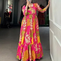 shandhya Floral Print Cotton Linen Stitched Anarkali Gown image 1