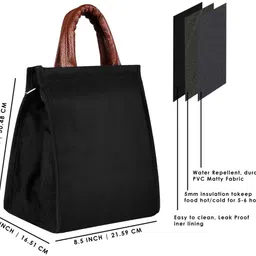 kavrixa Black-Tan Faux Leather & Linen PVC Cotted Fabric Tiffin + Picnic bag KX-TB11 Lunch Bag image 2