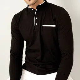 GESPO Men Black Henley Neck T-shirt with Mask-picture-18